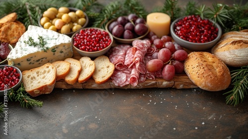 a platter of meats, cheeses, breads, fruit, and crackers on a table. photo