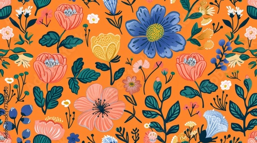 flower  doodle  seamless pattern on orange background. Generative Ai