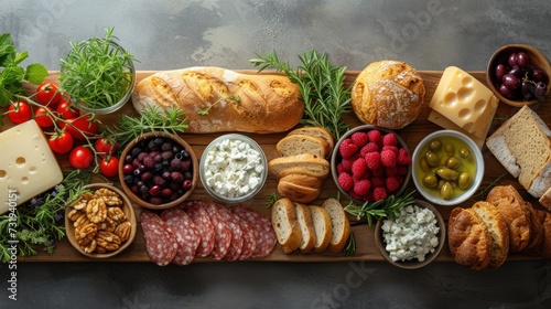 a variety of cheeses, meats, fruits, and breads are arranged on a wooden platter. © Jevjenijs