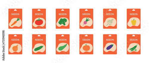 Set of packaging with seeds drawn by hand. Bright packets of seeds. Vector illustration.