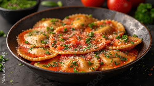 a plate of ravioli with tomato sauce and parmesan cheese sprinkled with parmesan cheese.