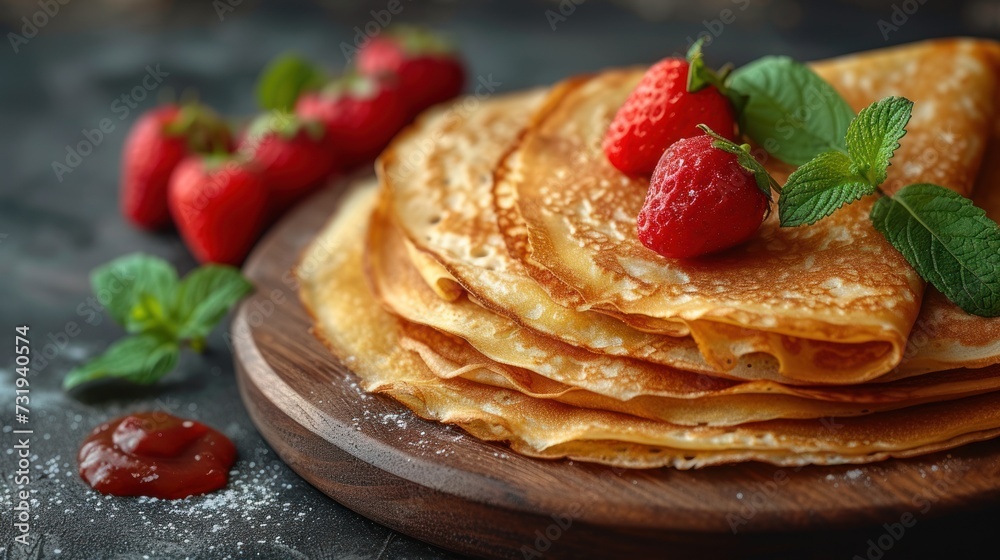 a stack of pancakes topped with strawberries on top of a wooden plate with powdered sugar on the side. a stack of pancakes topped with strawberries on top of a wooden plate with powdered sugar on the side.