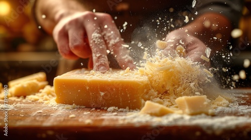 a close up of a person cutting cheese on a cutting board with grated parmesan cheese on top of it. photo