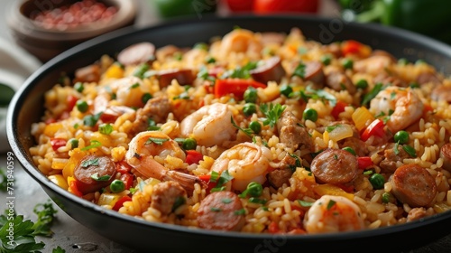 a close up of a pan of food with shrimp, rice, and vegetables on a table with parsley.