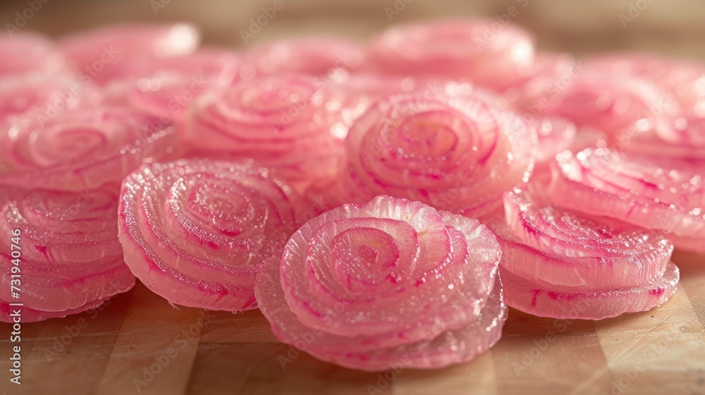 a close up of a bunch of pink flowers on a wooden table with water droplets on the petals of the flowers. a close up of a bunch of pink flowers on a wooden table with water droplets on the petals of the flowers.