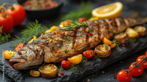 a grilled fish on a slate platter surrounded by tomatoes, lemons, peppers, and other vegetables.