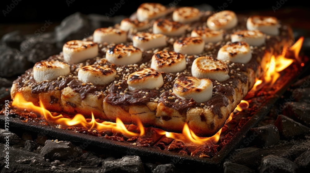 a close up of a piece of food on a plate on a grill with fire in the middle of it.