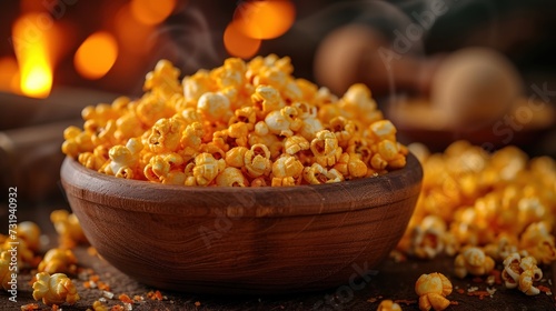 a wooden bowl filled with popcorn sitting on top of a wooden table next to a pile of popcorn on top of a table. photo