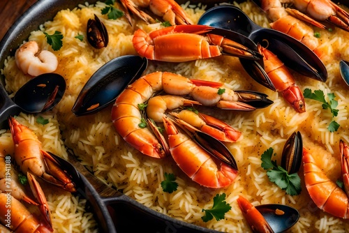 A close-up of a bubbling  of seafood paella with saffron-infused rice