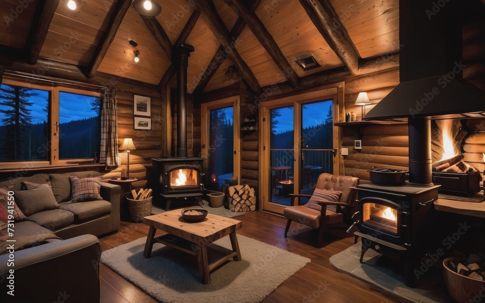 Cozy cabin in woods with wood stove interiors at night Cozy cabin in woods with wood stove interiors at night