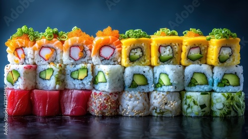 a group of sushi rolls stacked on top of each other with cucumber, avocado, and cheese.