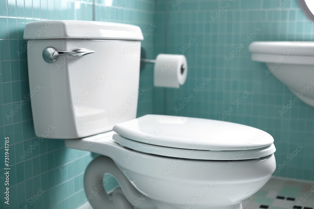 Ceramic toilet with a soft closed lid in a bright modern bathroom interior Ceramic toilet with a soft closed lid in a bright modern bathroom interior