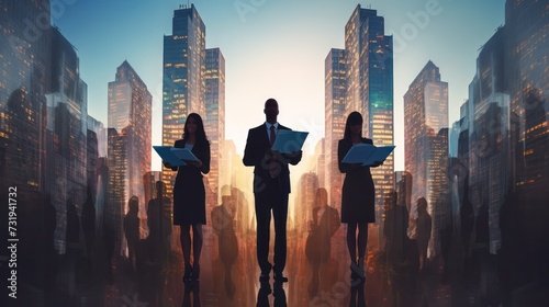 Corporate professionals stands with a cityscape backdrop during sunset.