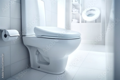 Ceramic toilet with a soft closed lid in a bright modern bathroom interior