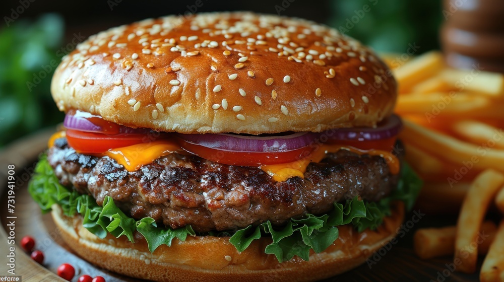 a hamburger with lettuce, tomato, onion, and cheese on a bun with a side of fries. a hamburger with lettuce, tomato, onion, and cheese on a bun with a side of fries.