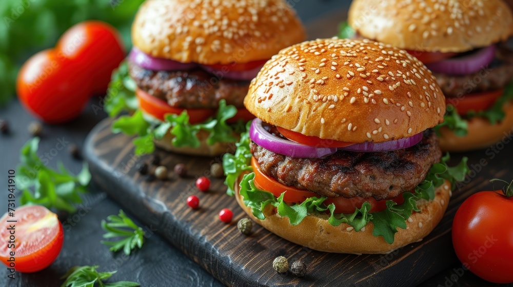 three hamburgers with lettuce, tomato, and onion on a cutting board next to tomatoes and lettuce. three hamburgers with lettuce, tomato, and onion on a cutting board next to tomatoes and lettuce.