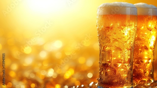 two glasses of beer sitting next to each other in front of a bright yellow background with a lot of bubbles.