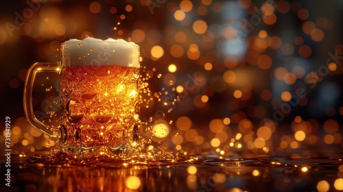 a close up of a mug of beer on a table with a blurry boke of lights in the background. photo