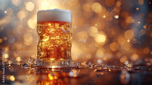 a close up of a glass of beer on a table with a blurry background and lights in the background. photo