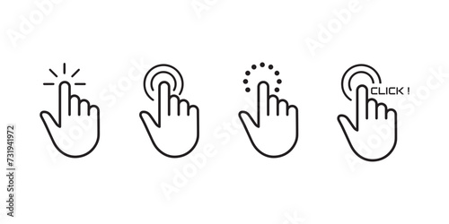 Click here icon set in line style. Hand click, Hand clicking, finger, Touch screen, pointer, cursor, gesture, mouse press push simple black style symbol sign for apps and website, vector illustration.