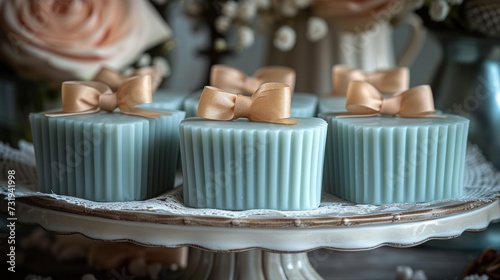 a close up of a plate of cupcakes on a table with flowers in the background and a vase of flowers in the background.