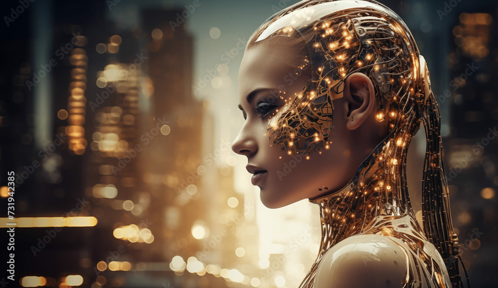 A robot woman with the visual features of a human. Head and neck with mechanical and electronic components. Image to illustrate artificial intelligence or robotics technology A robot woman with the visual features of a human. Head and neck with mechanical and electronic components. Image to illustrate artificial intelligence or robotics technology