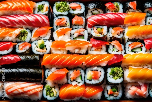 A tower of colourful sushi rolls with a selection of fresh fish.