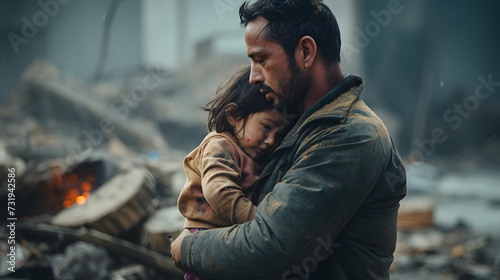  man holding his child and crying and pray for god the midst of ruins and devastation.
