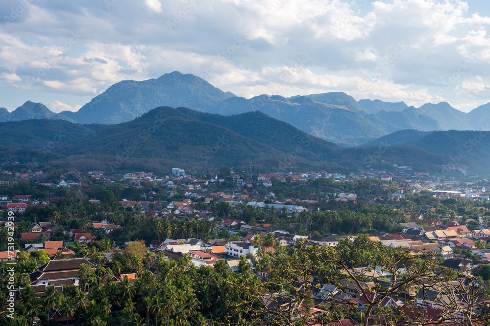 View of the countryside and the city of Luang Prabang from the top of Mount Phousi in Laos, Southeast Asia.