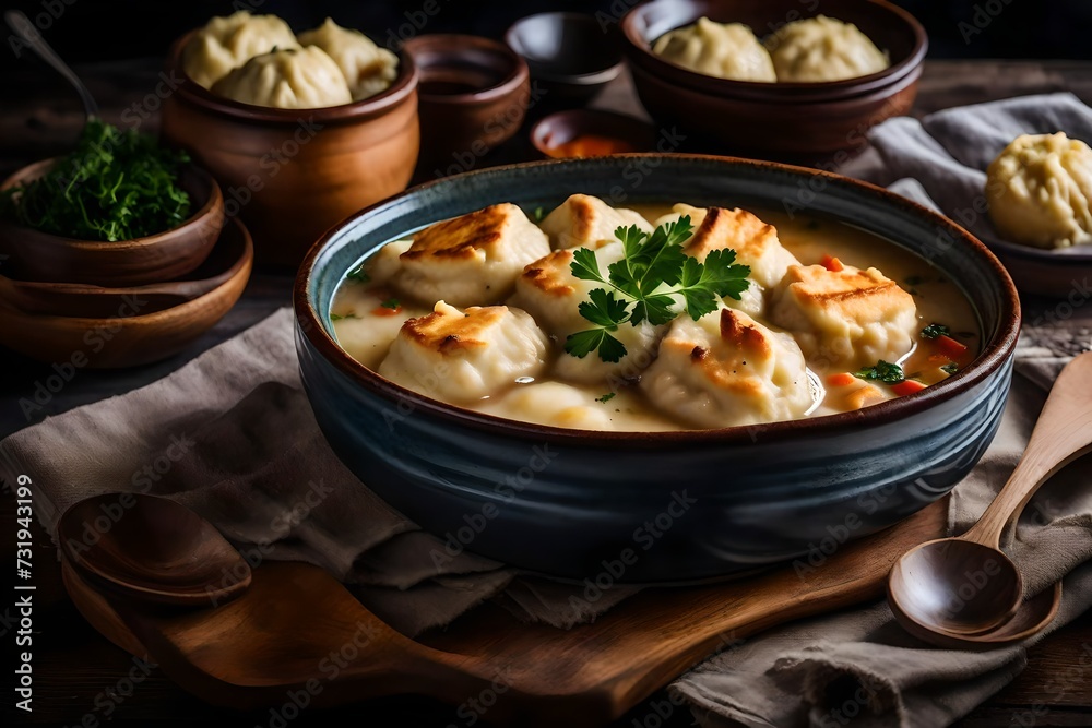 A meal of nourishing chicken and dumplings with fluffy dumplings