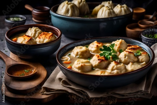A bowl of comforting chicken and dumplings with fluffy dumplings