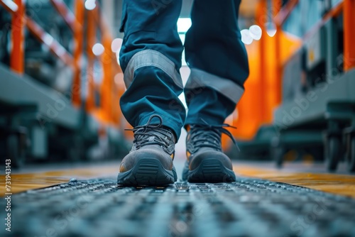 Worker with safety boots in an industrial environment