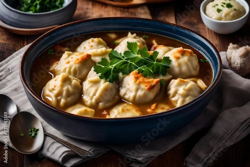 A bowl of satisfying chicken and dumplings with fluffy dumplings.