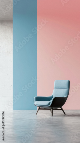 Modern cozy armchair interior design home living room or color wall furniture decor. Stylish trendy minimal chair and table with house decoration luxury contemporary background. Furniture store ads .
