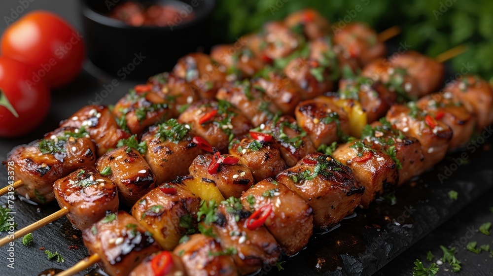 a close up of a skewer of food on a plate with tomatoes and parsley on the side.
