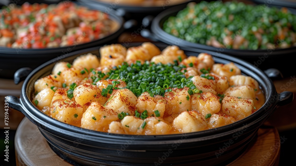 a close up of a plate of food with broccoli and other foods in the background on a table. a close up of a plate of food with broccoli and other foods in the background on a table.