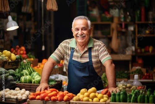 Cheerful Senior Vendor at a Fresh Produce Market Stall