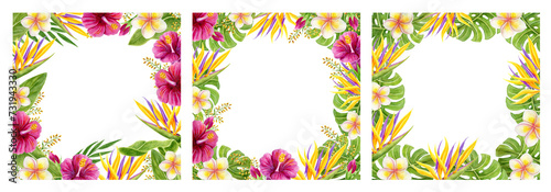 Wallpaper Mural Set Tropical frame. Hand drawn watercolor painting with hibiscus, strelitzia, paradise bird flowers and palm leaves. Torontodigital.ca