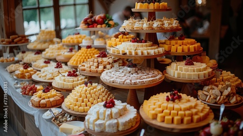 a table filled with lots of different types of cakes and pies on top of trays on top of a table.