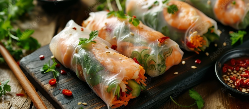 A close up view of a plate of food with chopsticks on a table, showcasing various delicious dishes like Rice noodle rolls, Nem, Tofu skin rolls, and more. A close up view of a plate of food with chopsticks on a table, showcasing various delicious dishes like Rice noodle rolls, Nem, Tofu skin rolls, and more.