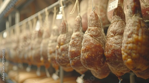 a bunch of meat hanging on a line in a room with other meats hanging on a line in front of them.