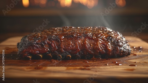 a close up of a piece of meat on a cutting board with a fire in the fireplace in the background. photo