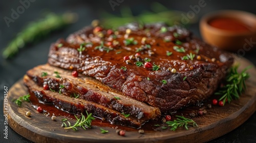 a close up of a meatloaf on a cutting board with a small bowl of sauce in the background.