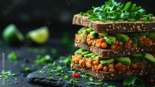 a close up of a stack of sandwiches with avocado and chickpeas on top of each sandwich.