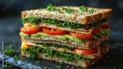 a cut in half sandwich with tomatoes, lettuce, and other toppings on a piece of bread.