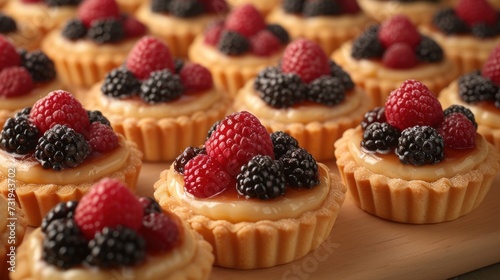 a close up of a tray of cupcakes with raspberries and blackberries on top of them.