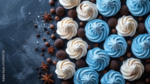 a group of cupcakes sitting on top of a table next to an orange and blue star anisette.