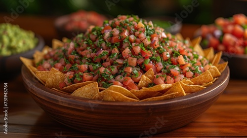 a wooden bowl filled with tortilla chips topped with salsa and guacamole salsa and guacamole in the background. photo
