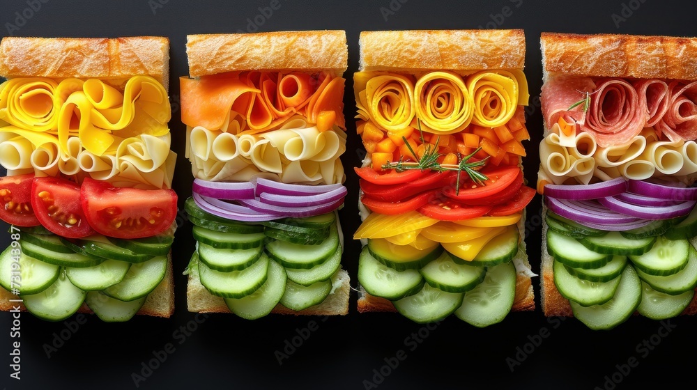 a close up of a sandwich made out of sliced up veggies and sliced into spirals on a black background.