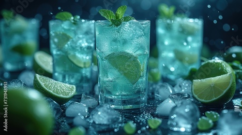a group of glasses filled with ice and limes next to limes and ice cubes on a table.